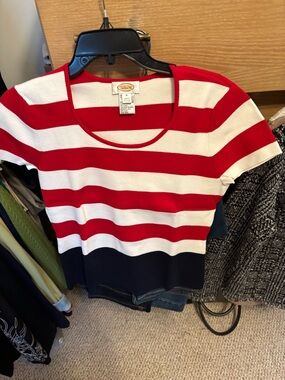 Talbots Red White Navy Striped Short Sleeve Knit Top